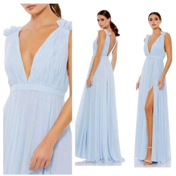 New Mac Duggal Pleated Chiffon‎ Sleeveless Powder Blue V-Neck Gown Dress P5751 - Picture 1 of 11